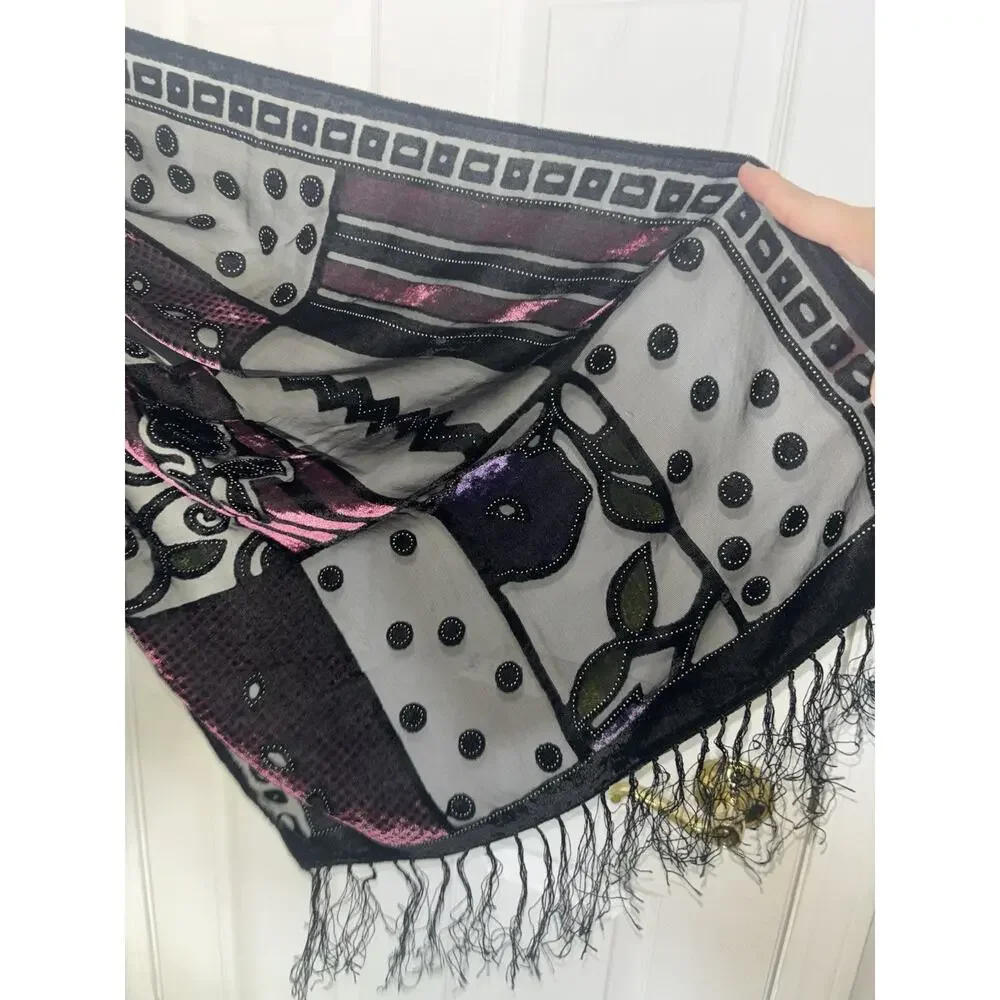 Vtg Silk Devore Burnout Velvet Fringed Shawl Scarf Art Nouveau Floral Boho